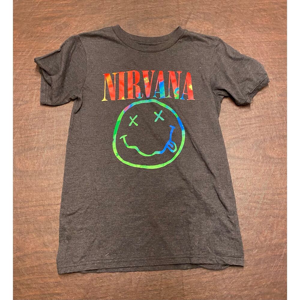 Nirvana Tie Dye‎ Dazed Smiley Face Heather Gray Short Sleeve Size XS Grunge Band